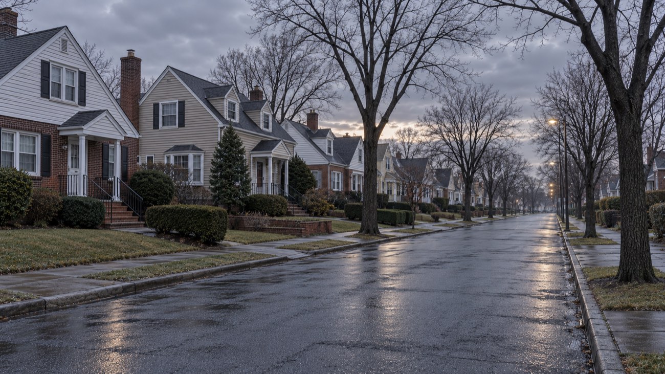A street of post-war houses at dusk after rain